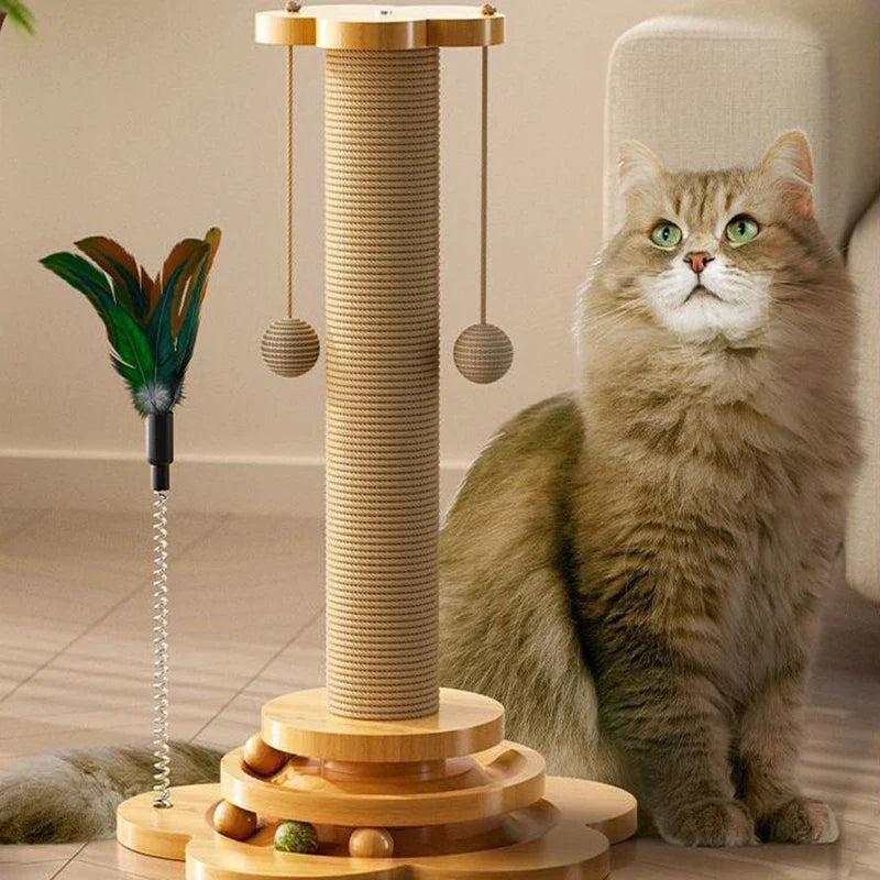Stilfullt träleksak för katt med klösbräda