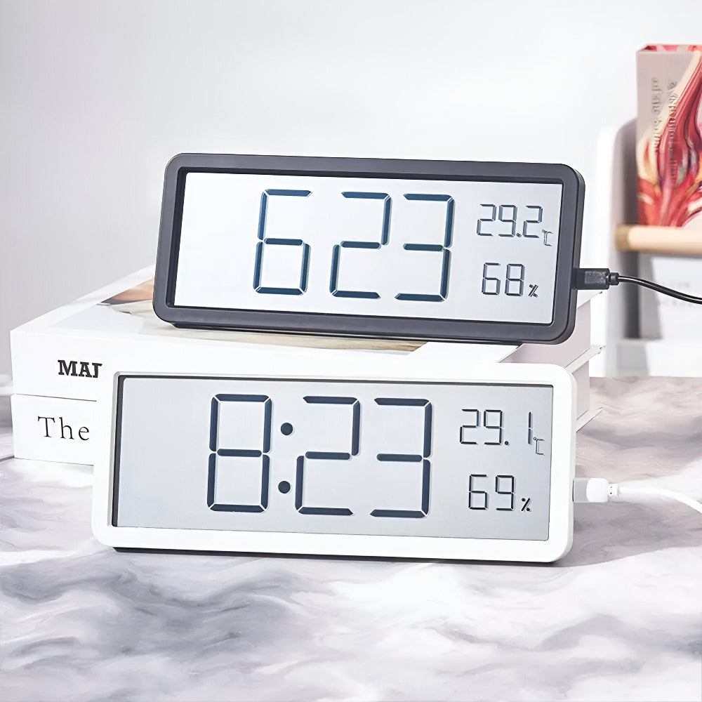 Ione - Modern digital LED-väggklocka med temperatur- och fuktighetsvisning