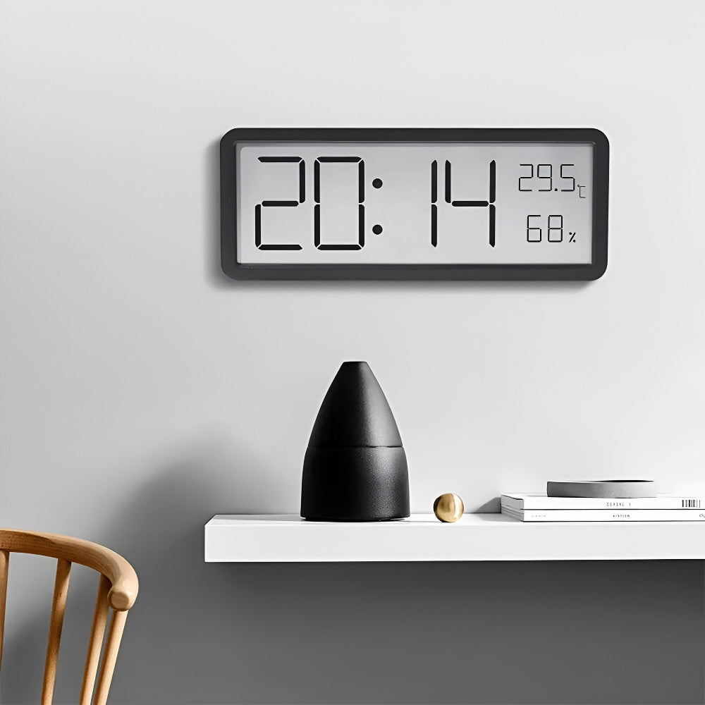 Ione - Modern digital LED-väggklocka med temperatur- och fuktighetsvisning