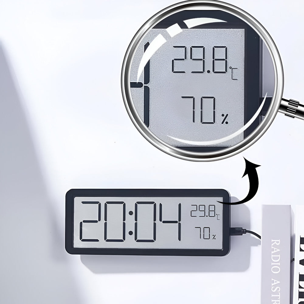 Ione - Modern digital LED-väggklocka med temperatur- och fuktighetsvisning