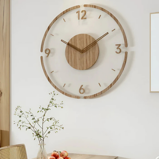 Nock - Stilren modern 30 cm väggklocka i akryl och trä för ett elegant vardagsrum