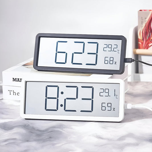 Ione - Modern digital LED-väggklocka med temperatur- och fuktighetsvisning